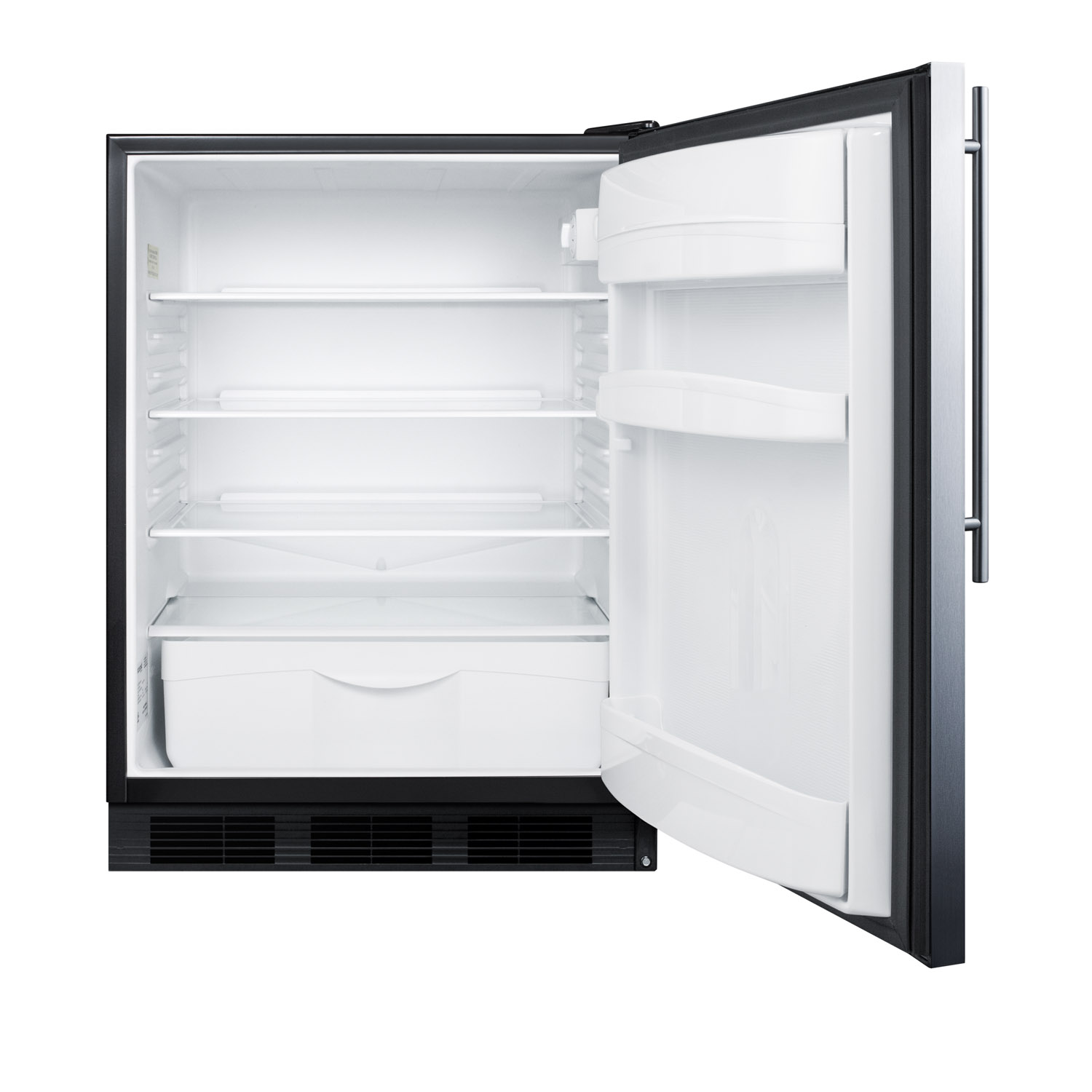 Commercially listed freestanding all-refrigerator for general purpose use, auto defrost w/stainless steel wrapped door, thin handle, and black cabinet